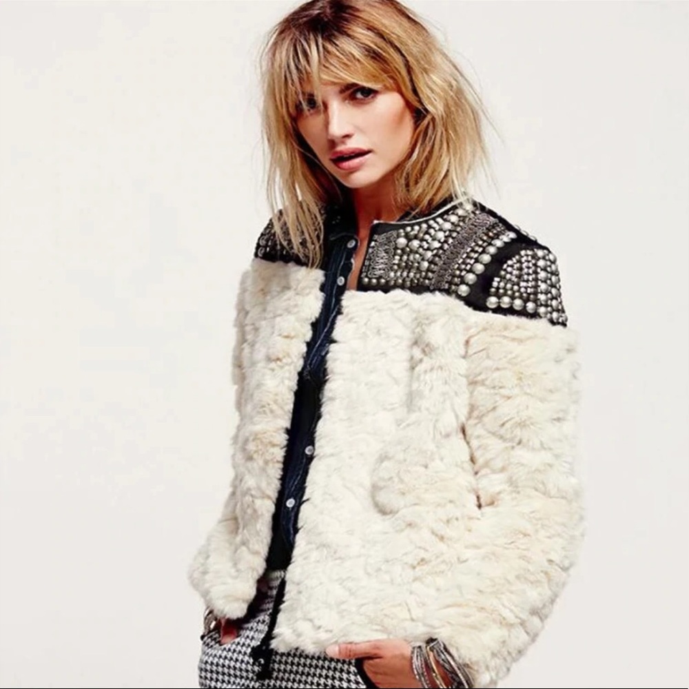 Lux Faux Fur Hand-Beaded Stud Embellished Jacket - Picture 2 of 8